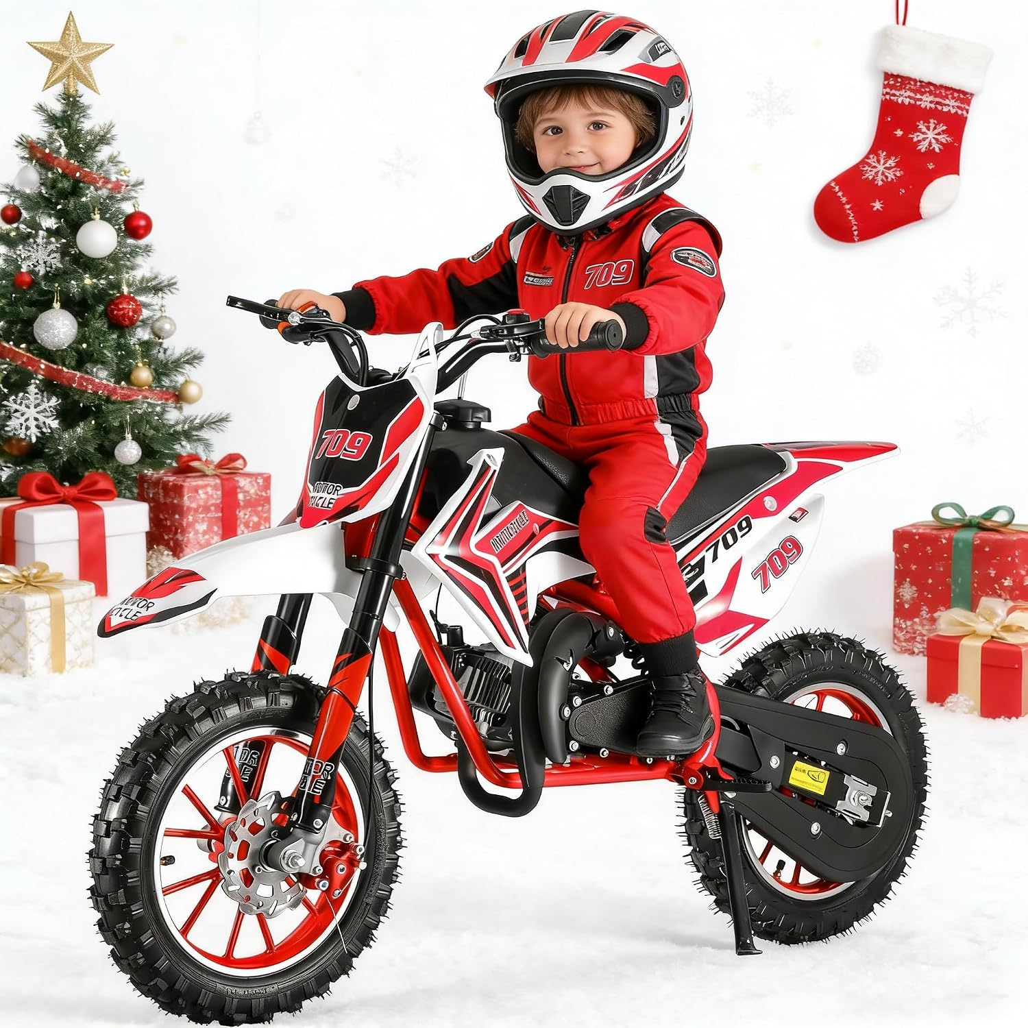 50cc Kids Dirt Bike | Gas Powered Mini Motorcycle for Ages 8-14 with 10' Off-Road Tires & Front-Rear Disc Brakes Red C