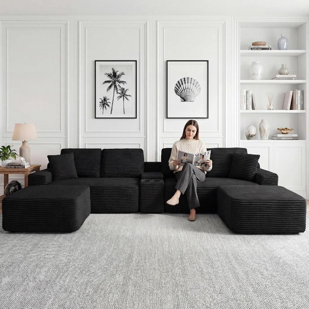 125 Inch Modular Sectional Sofa, Modern Oversized Corduroy Cloud Couch with 2 Ottomans, Cup Holders and USB Ports, U Shape Couch Boneless Couches for Living Room, No Assembly Required, Black