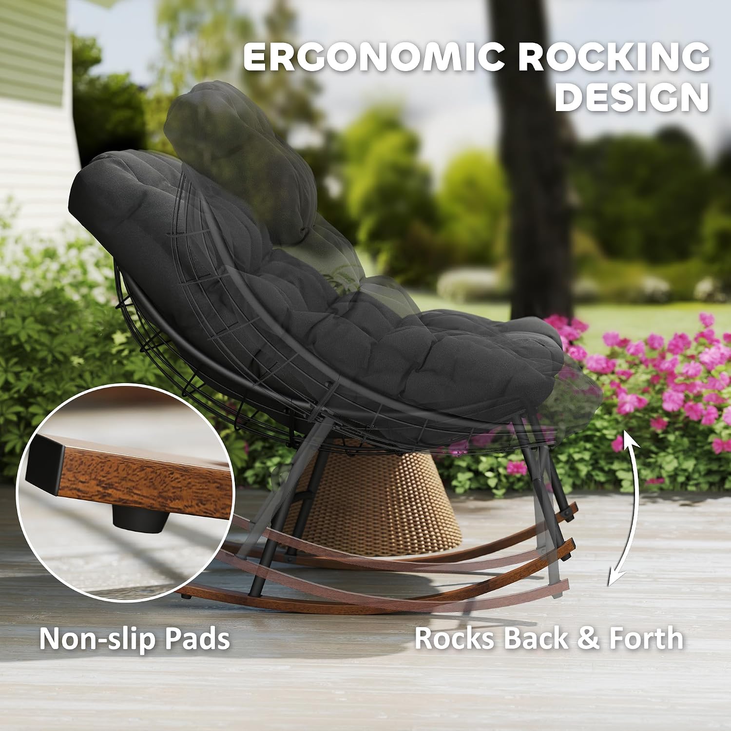 Outsunny Outdoor Rocking Chair Set of 2, Oversized Rocking Papasan Chairs with Cushions, Steel Frame, Comfy Outdoor Rockers for Patio Porch Lawn Garden, Black