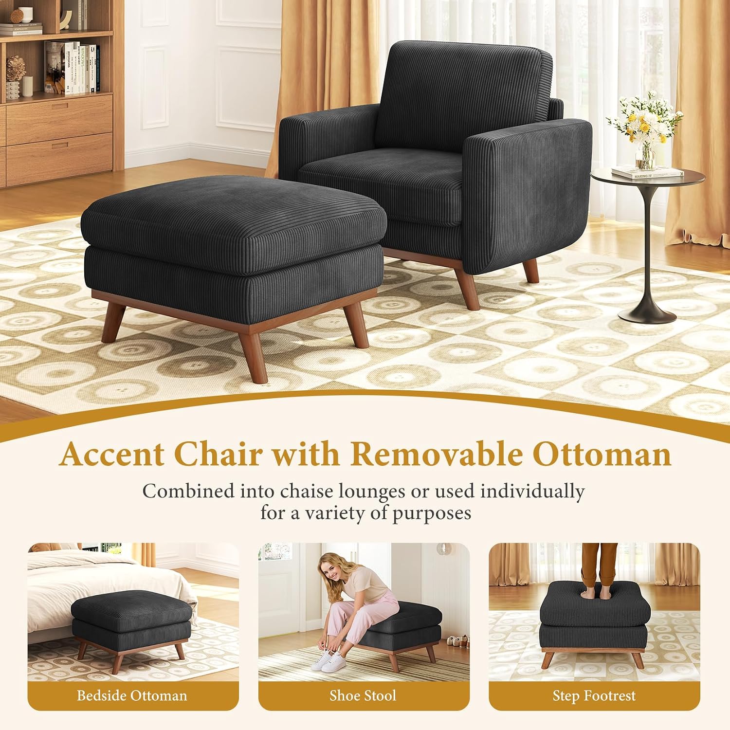 Vesgantti 38.5' Accent Chair with Movable Ottoman, Comfy Corduroy Armchair with Spring Cushion, Reading Chair with Ottoman, Modern Single Sofa for Living Room, Bedroom and Apartment, Black