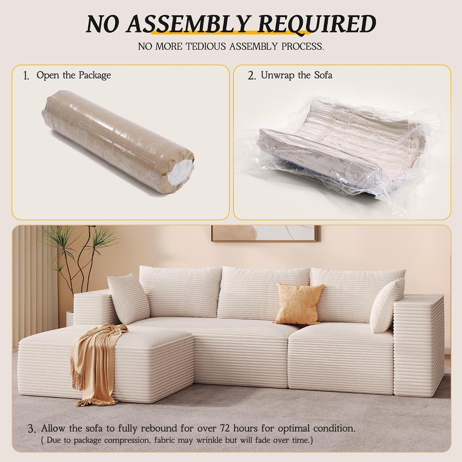 DWVO 108' Modular Sectional Couch with L-Shape Chaise, Modern Cloud Sectional Sofa with Deep Seat, Upholstered Couches for Living Room Bedroom, No Assembly Required, Beige