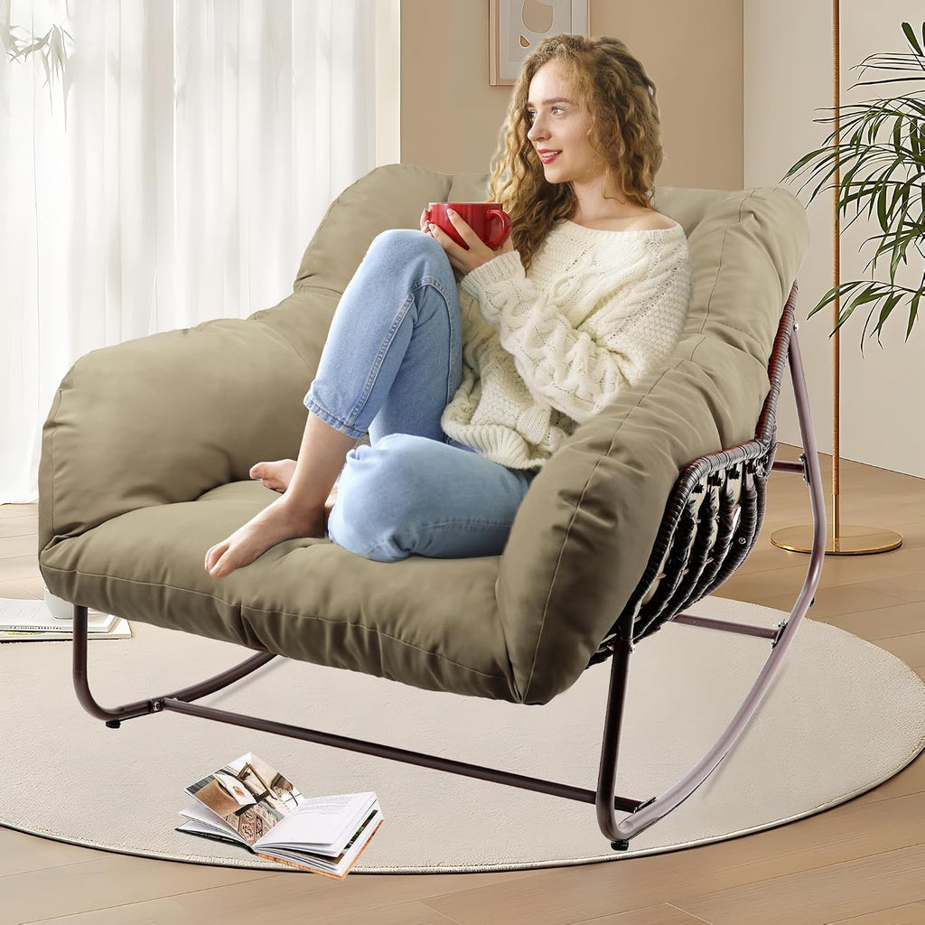 Papasan Rocking Chair Indoor & Outdoor, Oversized Patio Rocking Chairs with Padded Cushion& Pillow-Comfortable Rocker Egg Chair for Front Porch, Garden, Patio, Backyard,Brown,2PC