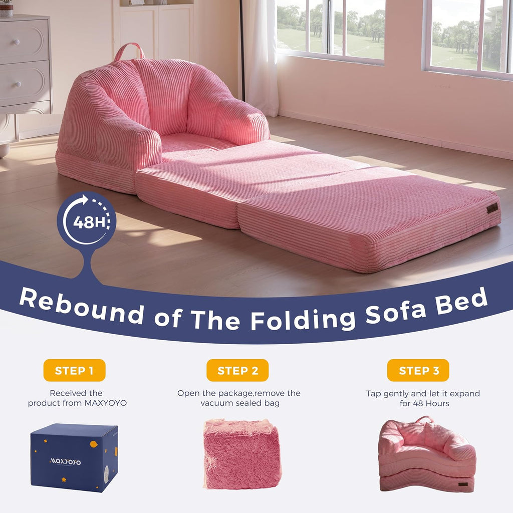 MAXYOYO Folding Sofa Bed with Backrest, Boneless Fold Out Couch Bed with Handle, 2 in 1 Convertible Bean Bag Chair to Floor Sofa Lounger, Comfy Folding Couch for Bedroom & Living Room, Pink