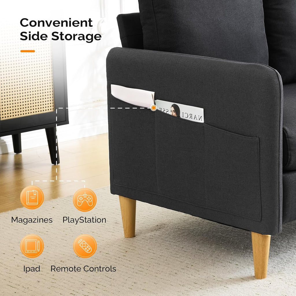 VINGLI 47' Small Couch, Linen Loveseat Sofa Black Mini Couch Mid Century Modern Decor Love Seat for Small Spaces Living Room, Bedroom, Play Room