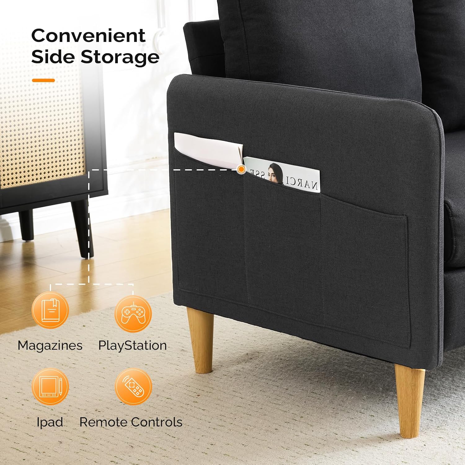 VINGLI 47' Small Couch, Linen Loveseat Sofa Black Mini Couch Mid Century Modern Decor Love Seat for Small Spaces Living Room, Bedroom, Play Room