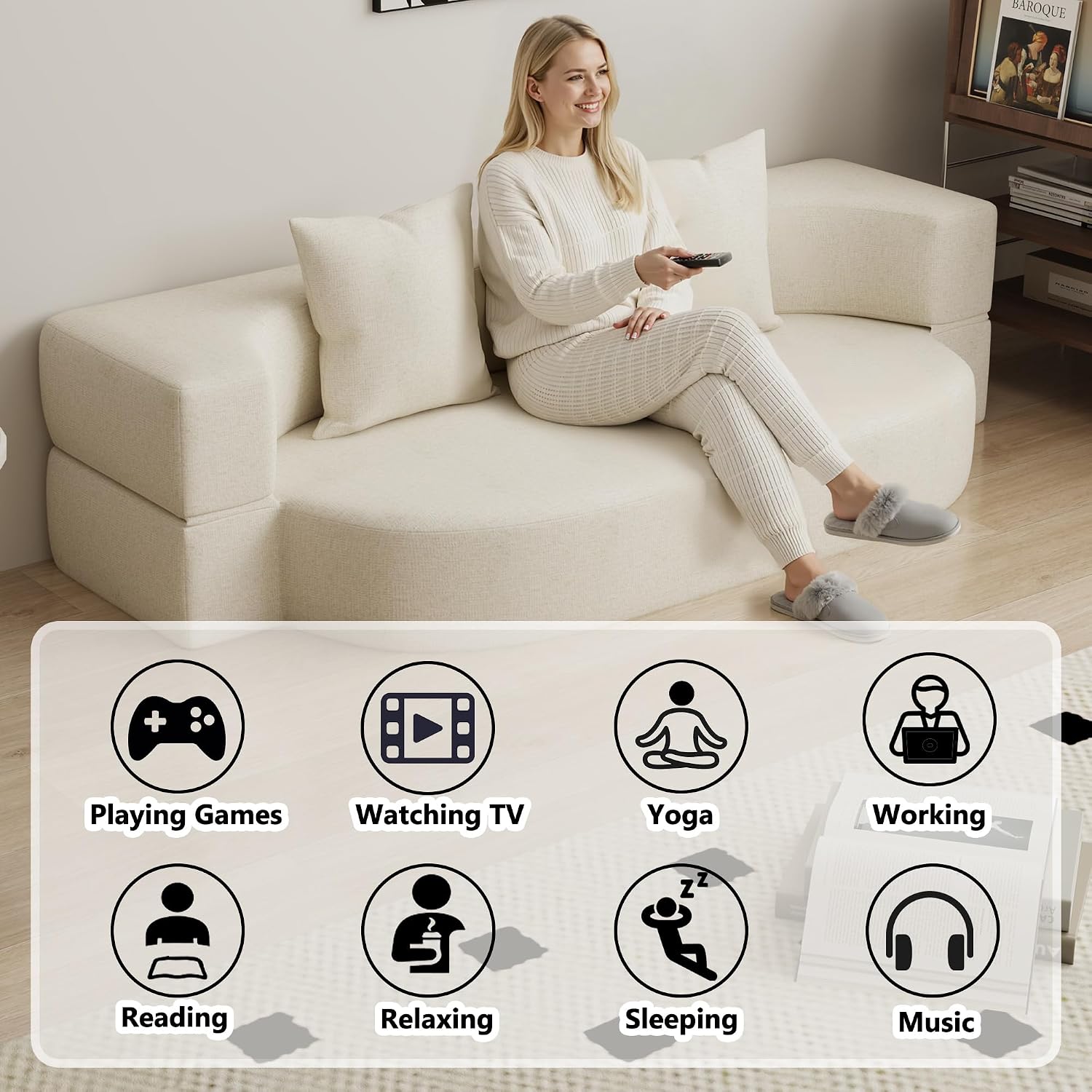 HENGJIANYI Folding Sofa Bed, Convertible Futon Sleeper Bed, 2-in-1 Foldable Floor Mattress, Breathable High-Density Foam Lazy Couch, Twin Size Comfy Lounge Chair with 2 Pillows, Beige