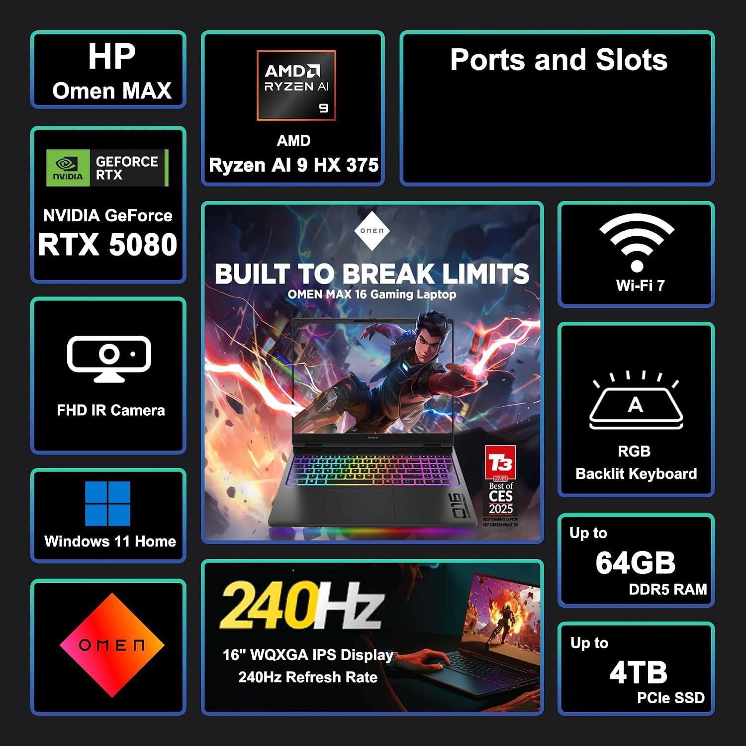 HP Omen MAX 16 Gaming AI Laptop 16' WQXGA 240Hz (100% sRGB 500nits) AMD Zen 5 12-core Ryzen AI 9 HX 375 (Up to 55 TOPS) 32GB RAM 1TB SSD GeForce RTX 5080 (Up to 1334 AI TOPS) RGB Backlit Win11 ICP Hub
