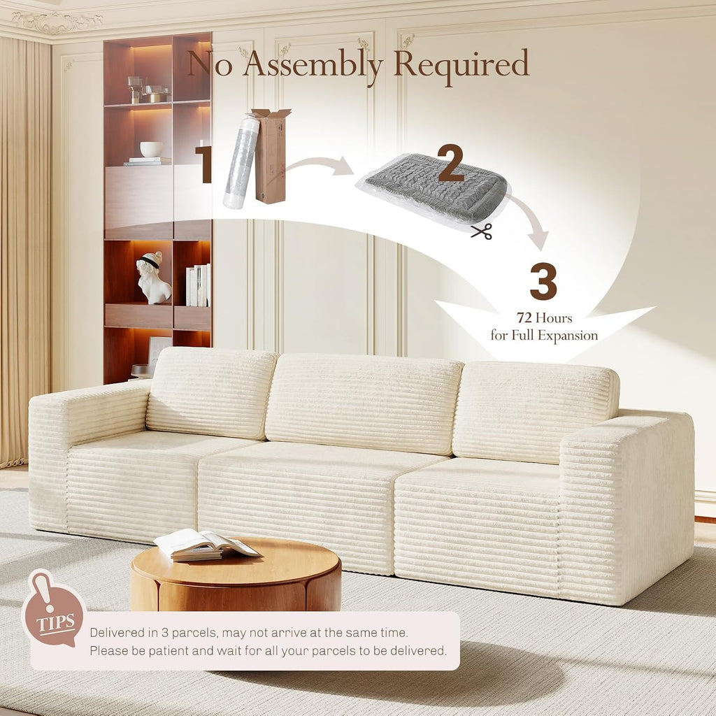 Vesgantti 119' Modular Sectional Sofa, Corduroy Cloud Couch with Deep Seating & Spring Support, 3 Seater Flexible Layout Sofa, Boneless Couch for Living Room & Apartment, No Assembly Required, Beige