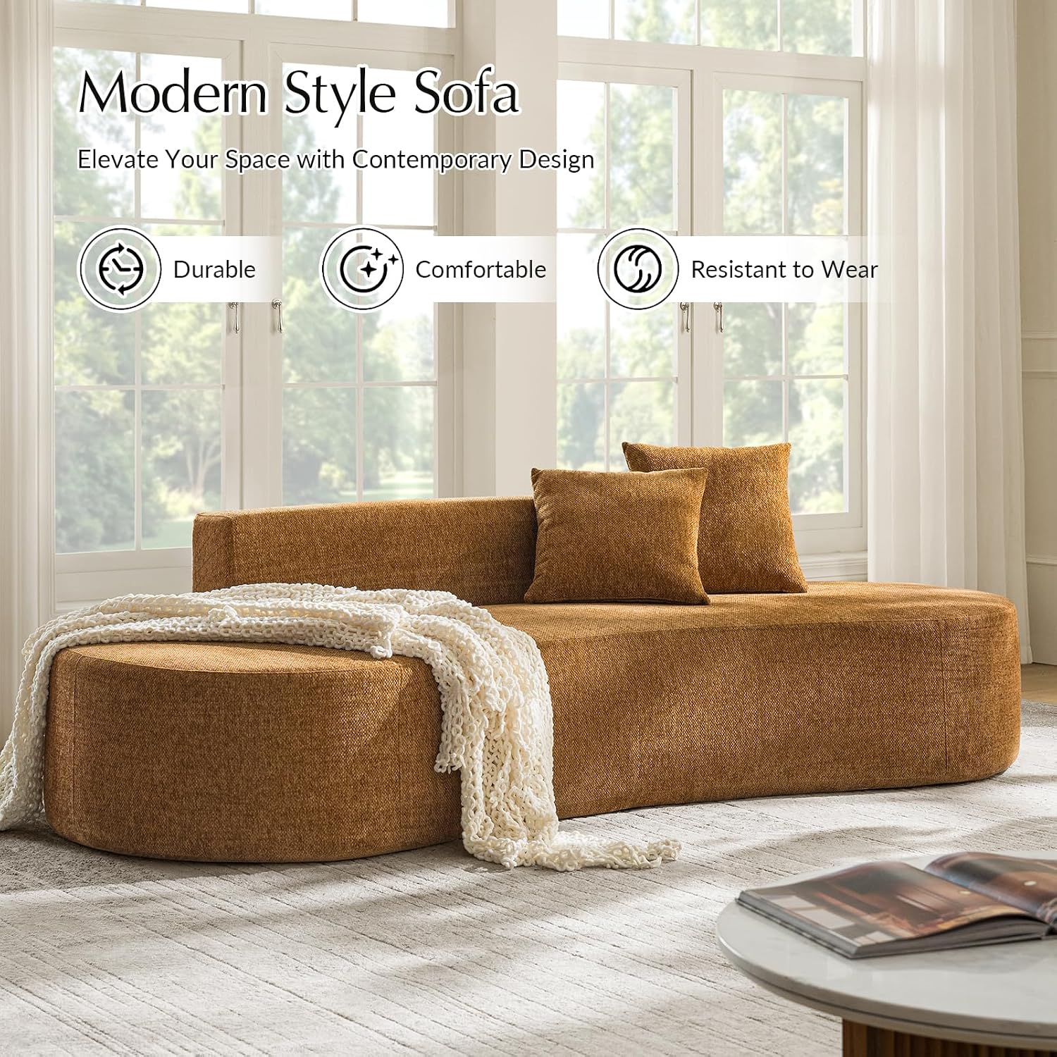 HULALA HOME 94.5' Curved Boneless Couch with Two Pillows, Oversized 3 Seater Compressed Foam Sofa with Deep Seat, Modern Cloud Couch for Living Room, No Assembly Required, Golden