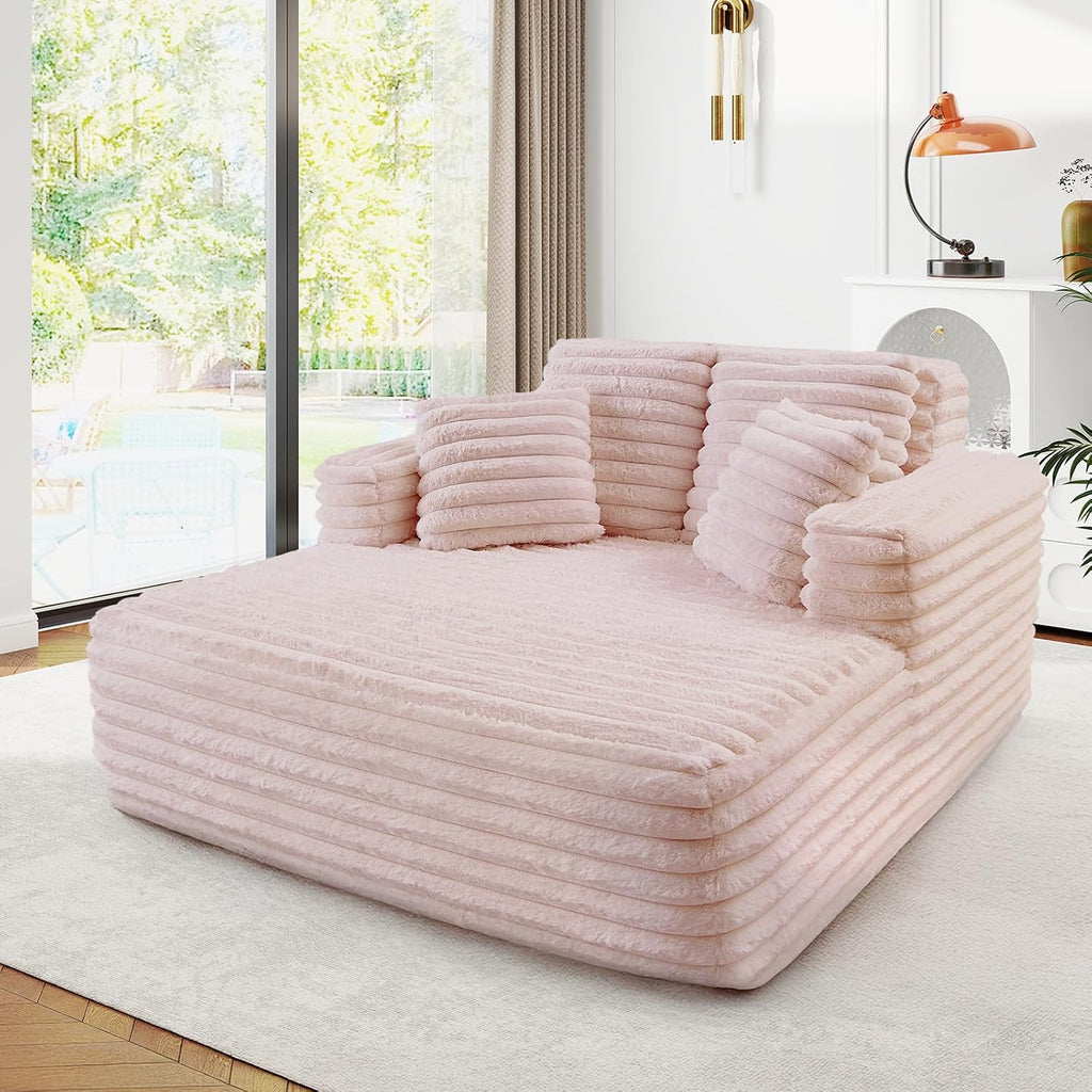 JEEOHEY 56' Oversized Chaise Lounge Chair Indoor,Plush Faux Fur Sleeper Sofa Couch Bed with Pillows&Wide Armrests,Fluffy Comfy Cloud Couch,Compression Foam Couch for Living Room,Bedroom(Pink)