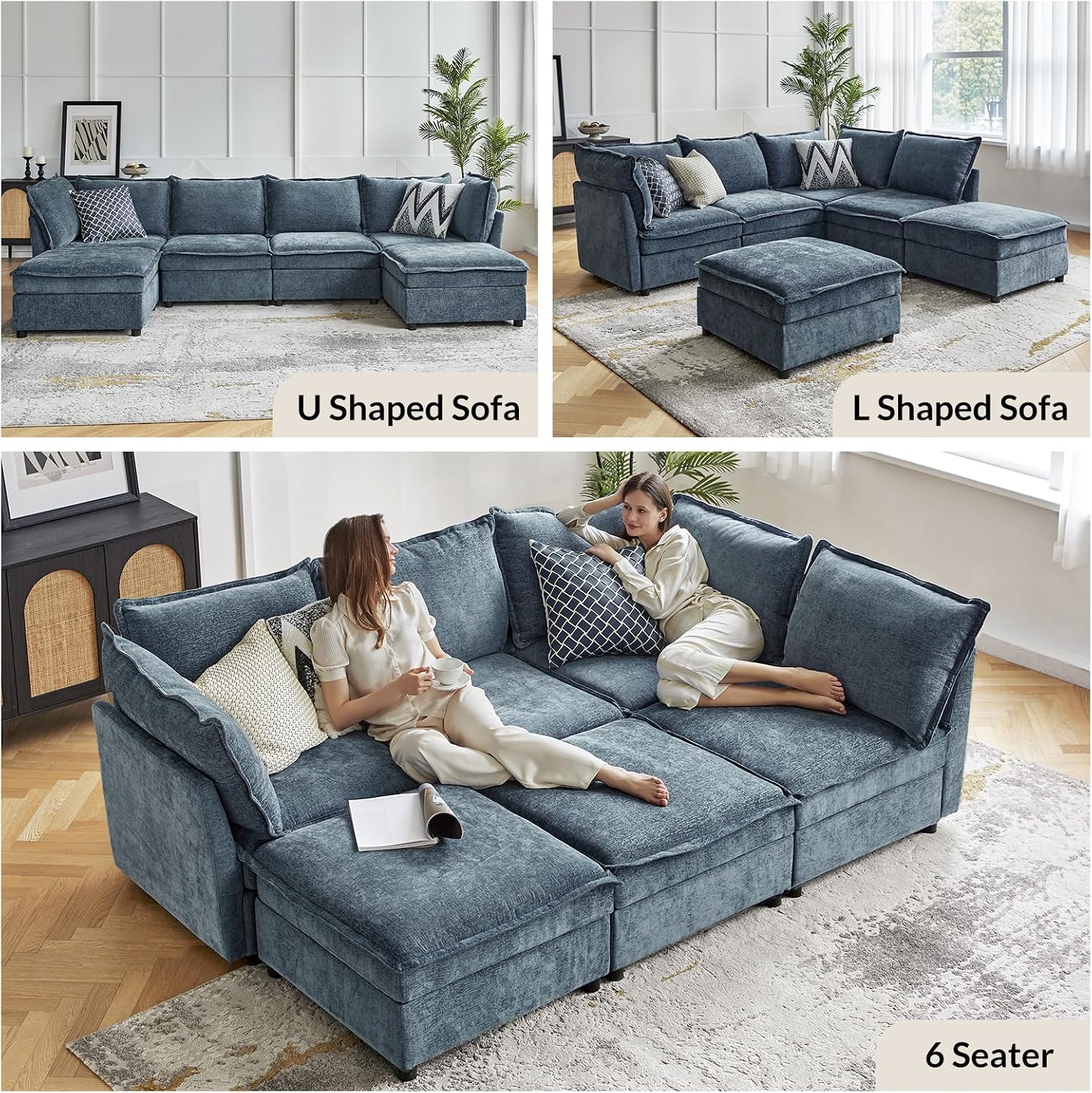 HULALA HOME 127'' Modular Sectional Sofa, Oversized U Shaped Couch with Storage Ottoman, Comfy Chenille Sofa with Deep Seat, 6 Seat Convertible Couches for Living Room, Blue