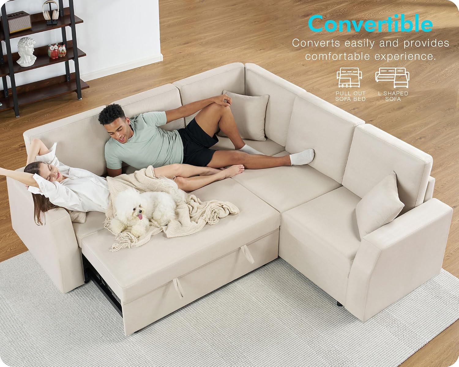 AMERLIFE 85 Inch Sofa Bed, Oversized L Shape Couch with Pull Out Bed & Storage Seat, Oversized Reversible Sleeper Sofa for Living Room Apartment, Beige Linen Couch