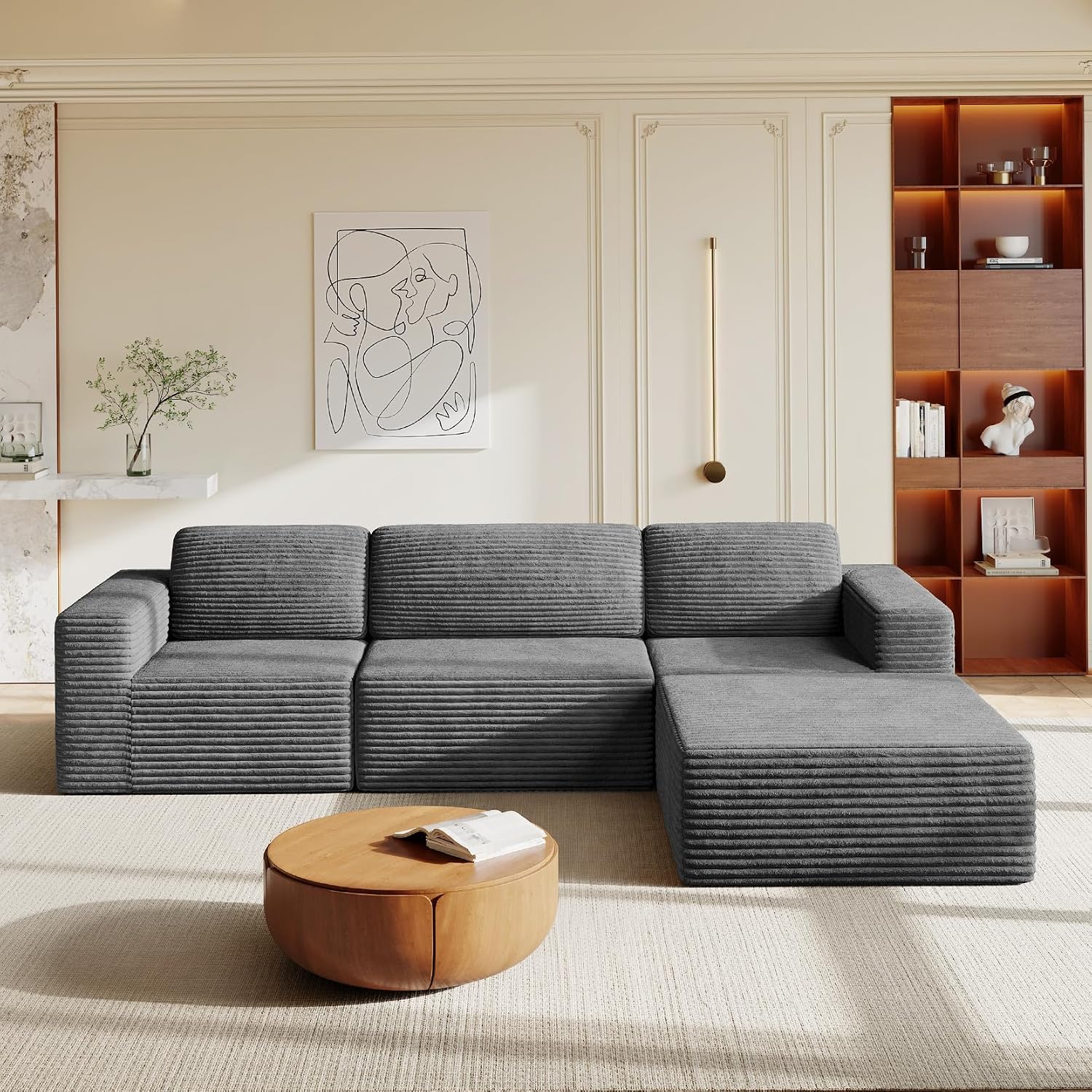 Vesgantti 119' L-Shaped Modular Sectional Sofa, Corduroy Cloud Couch with Deep Seating & Spring Support, Flexible Layout Sofa with Ottoman, Boneless Style, No Assembly Required, Grey
