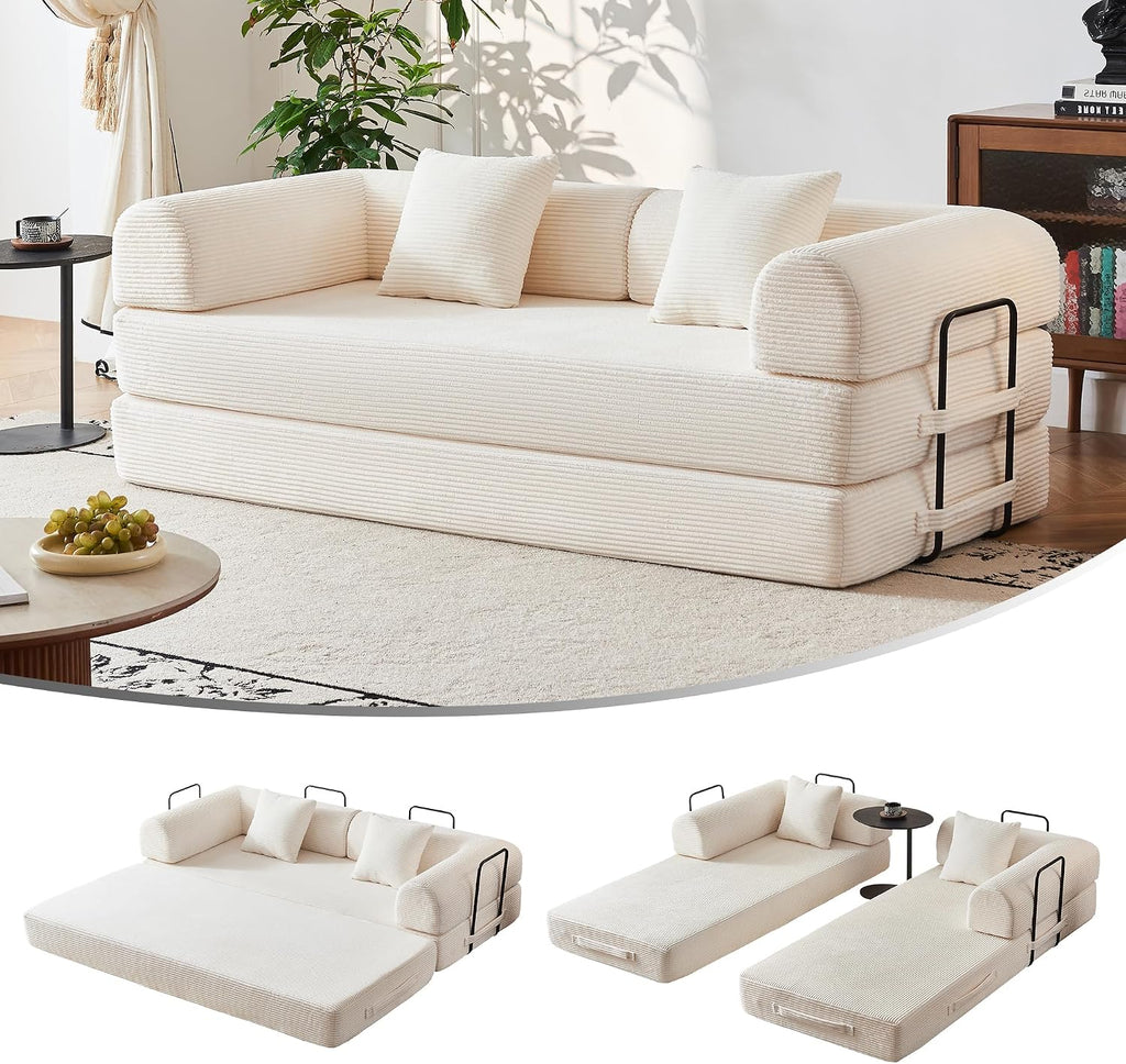 79' Convertible Sofa Bed No Assembly, 5-in-1 Sleeper with Fixed Frame & Corduroy Cloud Cushion, Foldable Futon Couch for Small Apartment, Guest Room, Office (Beige White)