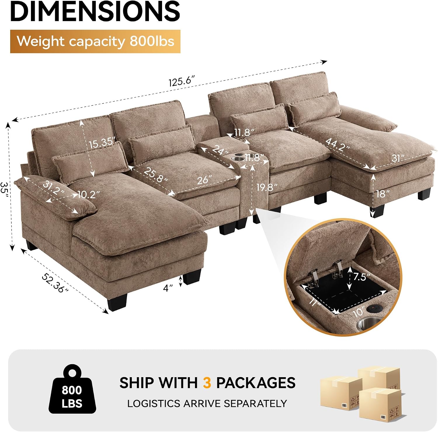 125'' U Shaped Cloud Modular Sofa with Chaise Lounges, Upholstered Comfy Sectional Couch with Storage Console, USB Charging & Cup Holders, Small Deep Seat Sofa for Living Room, Sherpa- Chenille Camel
