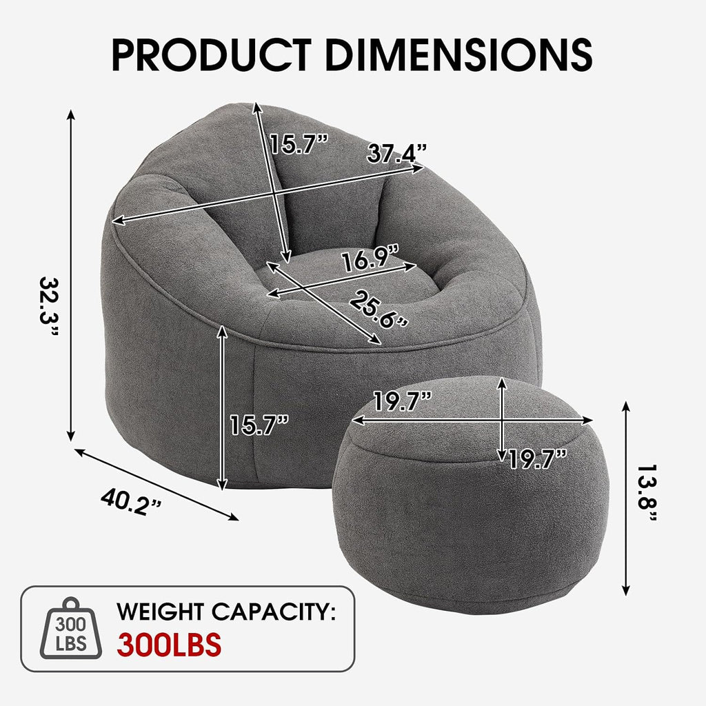 Bean Bag Chair for Adult, Microfiber Upholstered Bean Bag Sofa with Petal Back, Shell-Shaped Beanbag Chair with Footstool, Memory Foam Stuffed Lazy Sofa for Living Room, Bedroom (Grey)