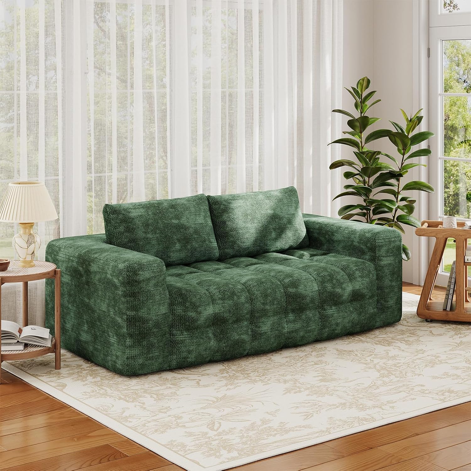 EROMMY 76'' Boneless Couch, 3 Seater Cloud for Living Room, Oversize Loveseat Sofa with Wide Armrest and 2 Back Support, No Assembly Required Chenille Soft Sofa, Dark Green