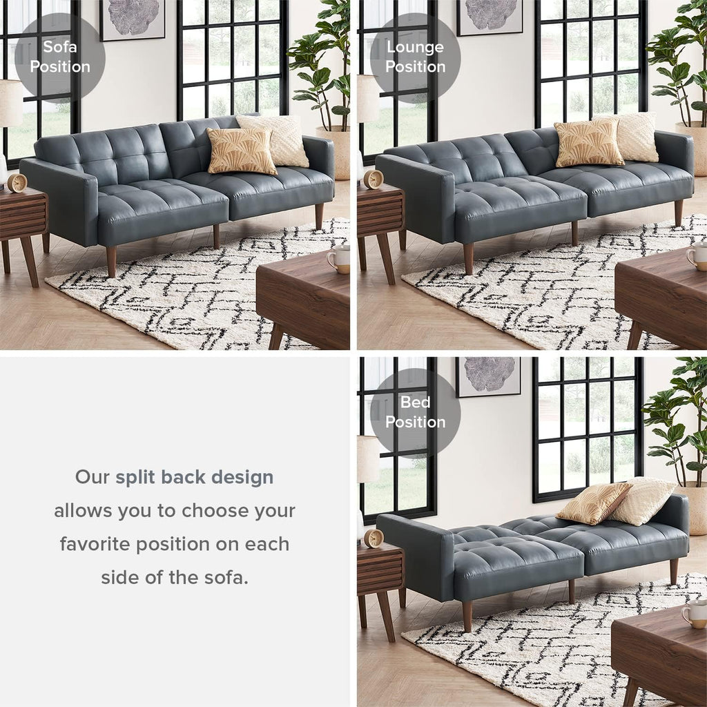 mopio Aaron 76.8' Couch, Small Futon Sofa Bed, Sleeper, Loveseat, Mid Century Modern Futon Couch, Sofa Cama, Couches for Living Room, Bedroom (Cloud Gray, Faux Leather)