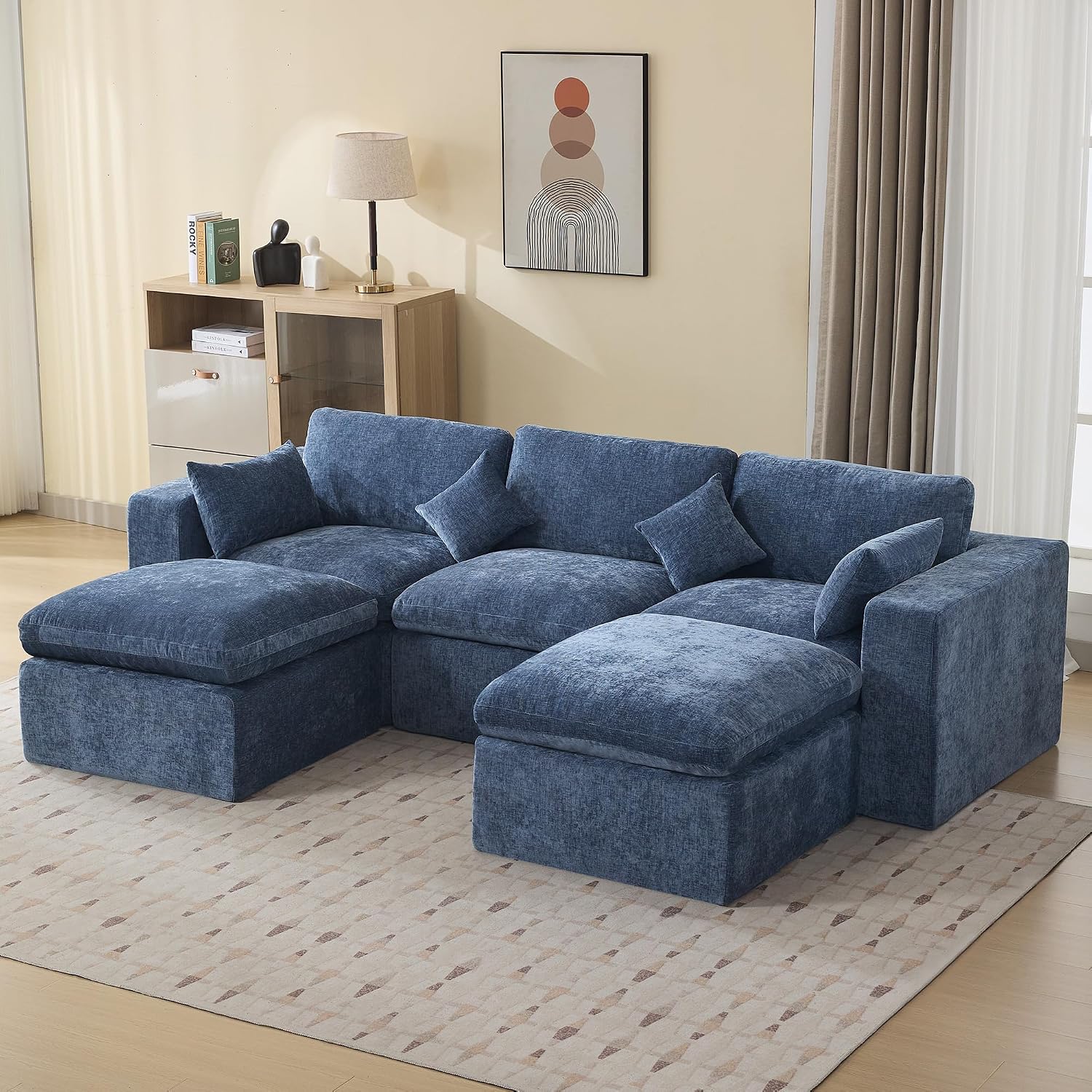 115'' Cloud Boneless Sectional Couch, Modular Sectional Sofa Deep Seat with 2 Ottomans, Oversized Upholstered Convertible Comfy 5 Seater Chenille Sofa U Shape Couches for Living Room, Blue