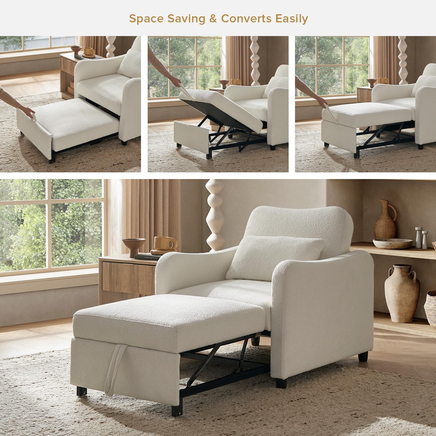 mopio Sophie 4-in-1 Convertible Sleeper Chair Bed, Accent Chair, Chaise Lounge, Comfy Reading Armchair, Pull Out Sofa Bed with Adjustable Backrest for Living Room, Bedroom (Pearl White Boucle)