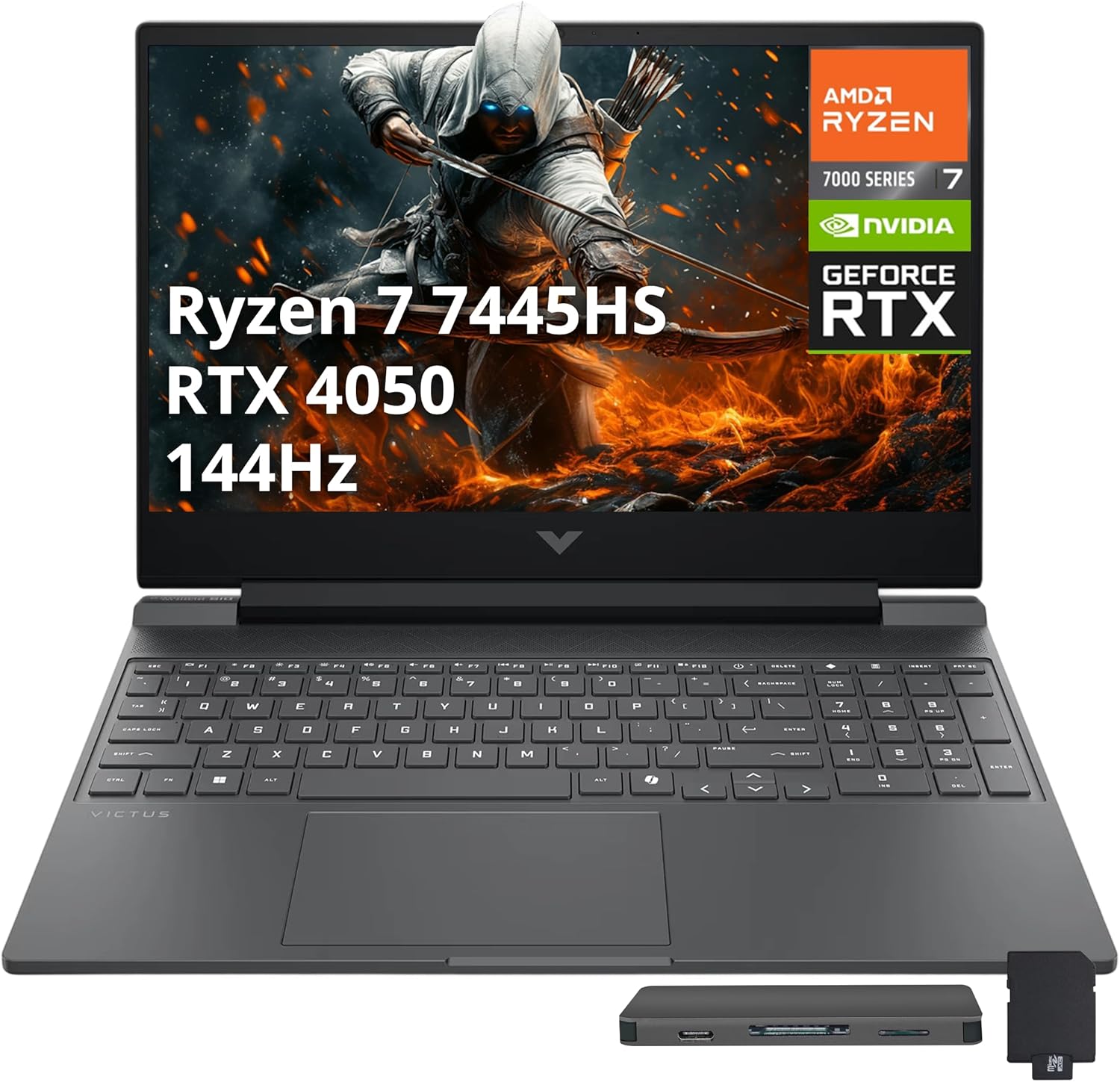 HP Victus 15.6' FHD 144Hz Gaming Laptop, AMD Ryzen 7 7445HS, NVIDIA GeForce RTX 4050, 32GB DDR5, 1TB PCIe SSD, Backlit Keyboard, Copilot, Wi-Fi 6, Windows 11, Mica Silver, 1TB Docking Station Set