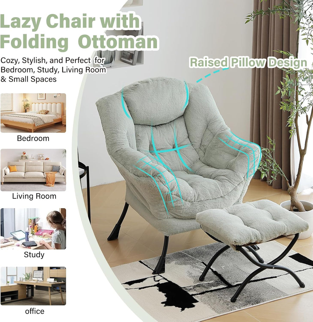 Furlide Lazy Chair with Ottoman, Modern Accent Chair with Armrests and a Side Pocket, Plush Green Accent Chairs, Reading Chairs, Oversized Armchairs for Bedroom, Study, Living Room, Courtyard