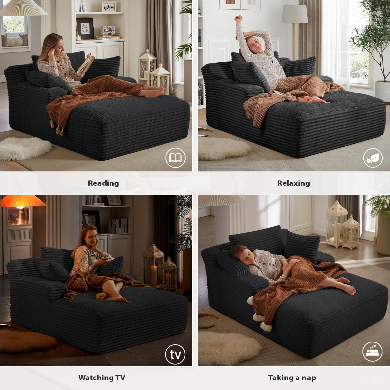 50 Inches Chaise Lounge Indoor, Oversized Chaise Lounge Chair with 3 Throw Pillows and Armrests, Corduroy Upholstered Plush Sofa Bed Lazy Chair Bed Sleeper Chair for Living Room Apartment (Black)