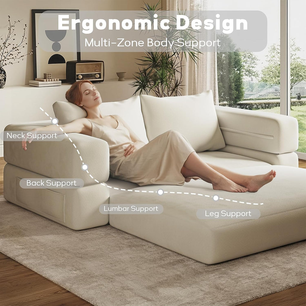 75'' Folding Convertible Sofa Bed with Large Pillow, 4-in-1 Foldable Pull Out Futon Sofa Bed, Chenille Boneless Mattress Couch, No Assembly Floor Sleeper Sofa Bed for Living Room/Bedroom, Beige