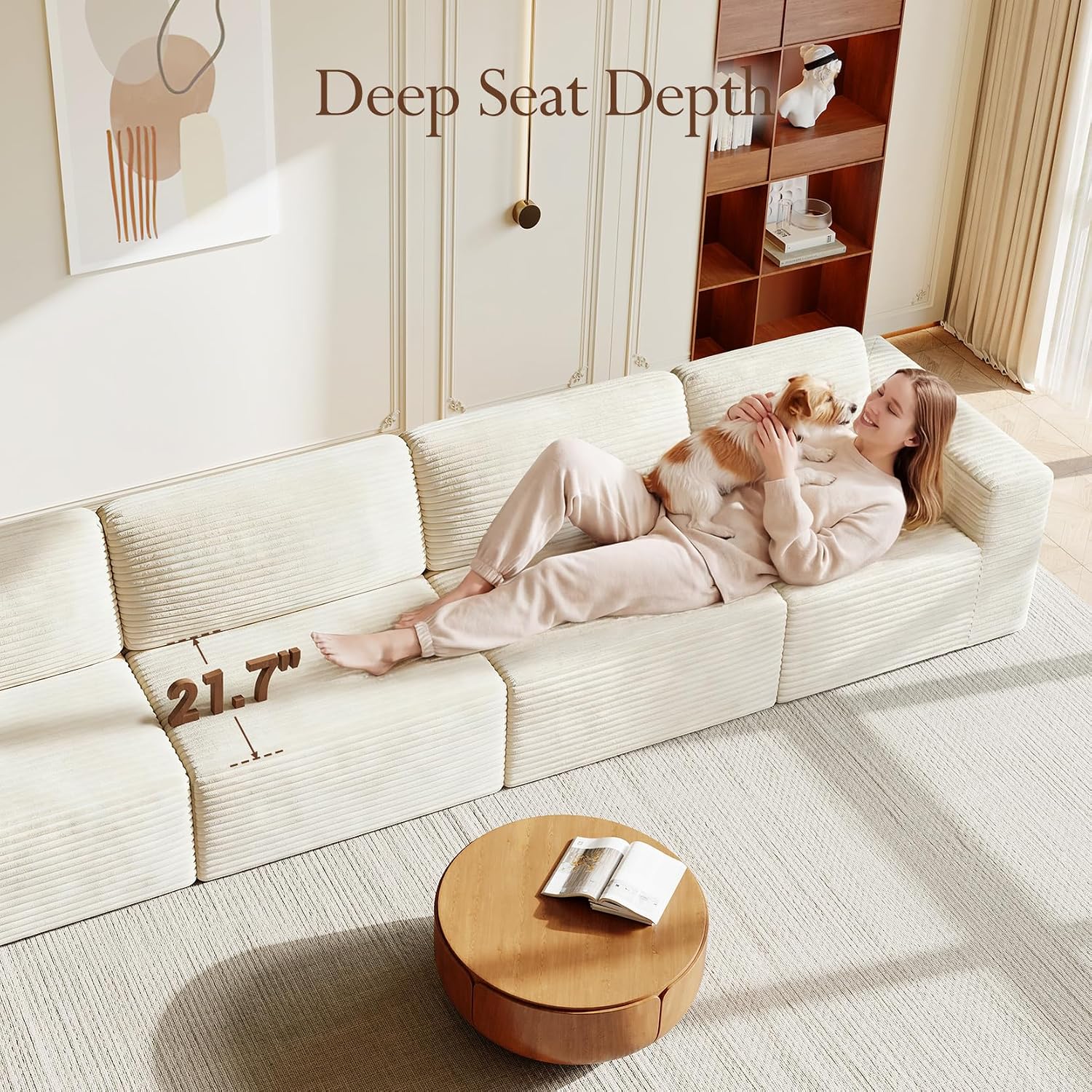 Vesgantti 159' Modular Sectional Sofa, Corduroy Cloud Couch with Extra Deep Seats & Spring Support, Flexible Layout 4-Seater Boneless Couch, No Assembly Required, Beige