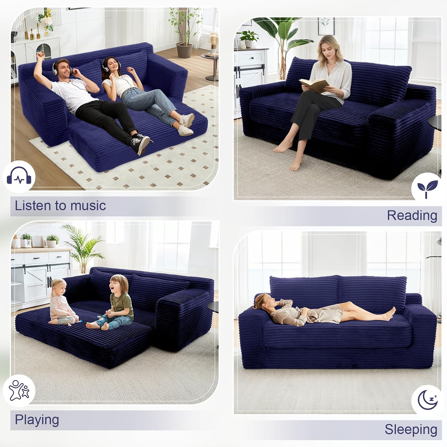 GNIXUU Corduroy Cloud Loveseat Sofa, 2 in 1 Convertible Sleeper Sofa with Fixed-Shape Frame, Comfy Folding Boneless Love Seat Couches for Living Room, Apartment, Small Spaces Blue