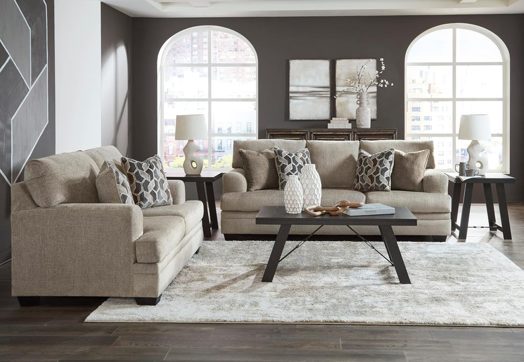 Signature Design by Ashley Stonemeade Casual Loveseat with 2 Toss Pillows, Light Brown