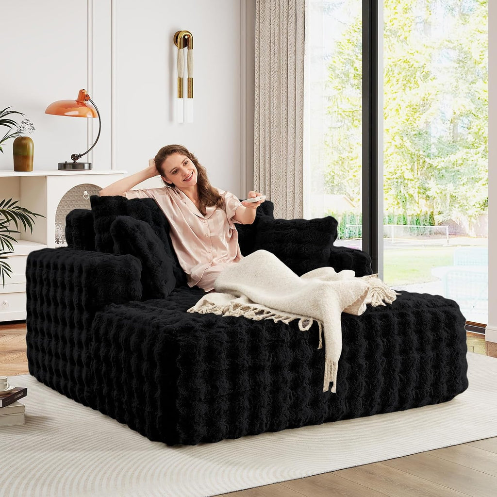 JEEOHEY 56' W Oversized Chaise Lounge Chair Indoor,Plush Faux Fur Sleeper Couch Sofa Bed with Pillows,Fluffy Comfy Cloud Sofa,Compression Foam Boneless Couch for Living Room,Bedroom(Bubble, Black)