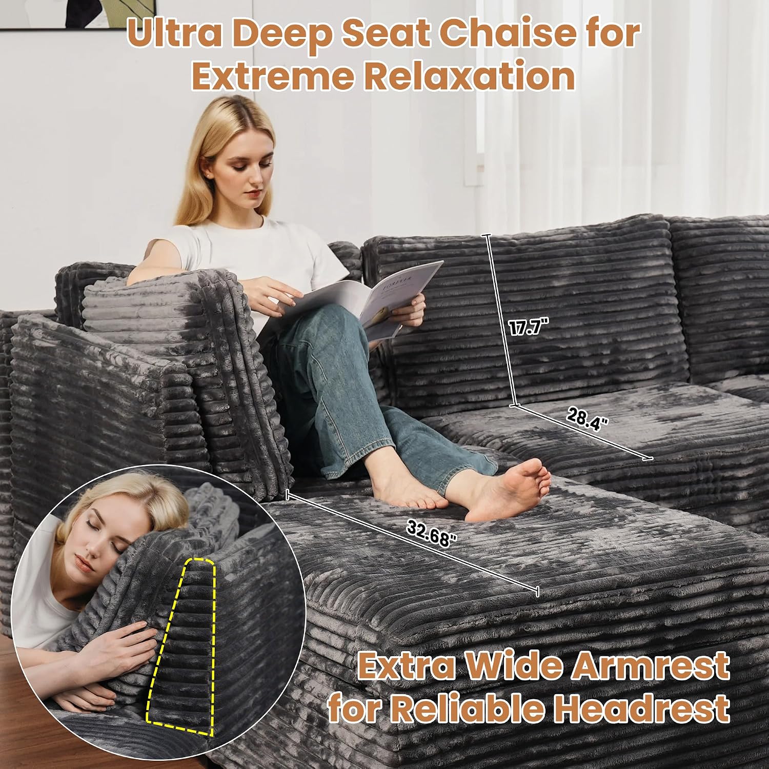 ovios Modular Sectional Sofa Couch with U-Shape Chaise Ottomans, Comfy Plush Corduroy Cloud Couches, Modern Deep Seat Sofas Set for Living Room, 9-Seater, Grey