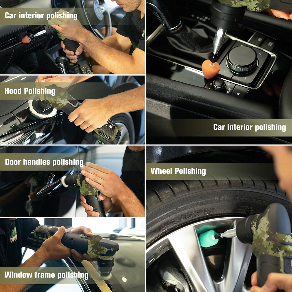 BATOCA S4 Cordless Multi-Polisher-Set, with 2Pcs 12V 2.5Ah Batteries, RO&DA Car Buffer Polisher, 1&3inch Mini Brushless Polisher for Car Detailing, Camouflage Pattern Style