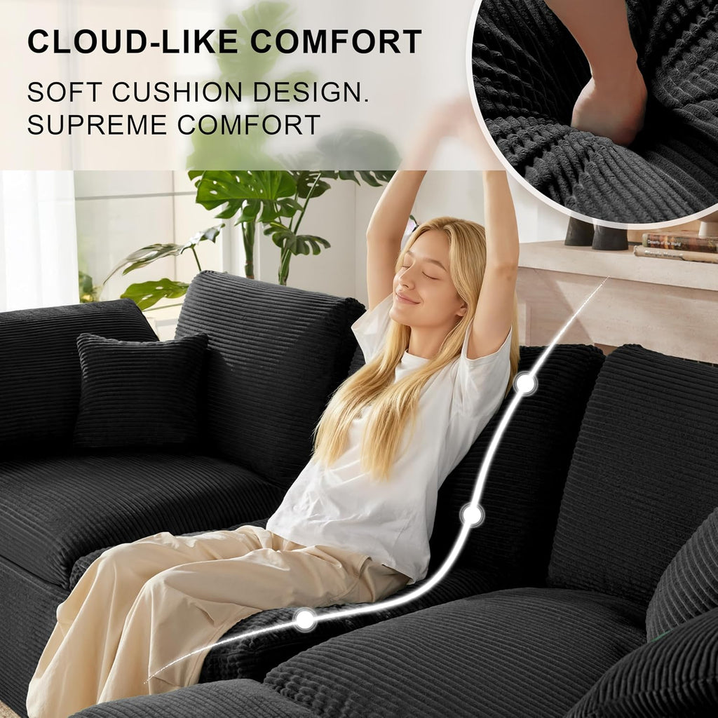 112' Cloud Sectional Couch, Boneless Couches for Living Room, L Shaped Couch with Convertible Ottoman, Modular Sectional Sofa with Deep Seat, Comfy Soft Cushions, No Assembly, Black