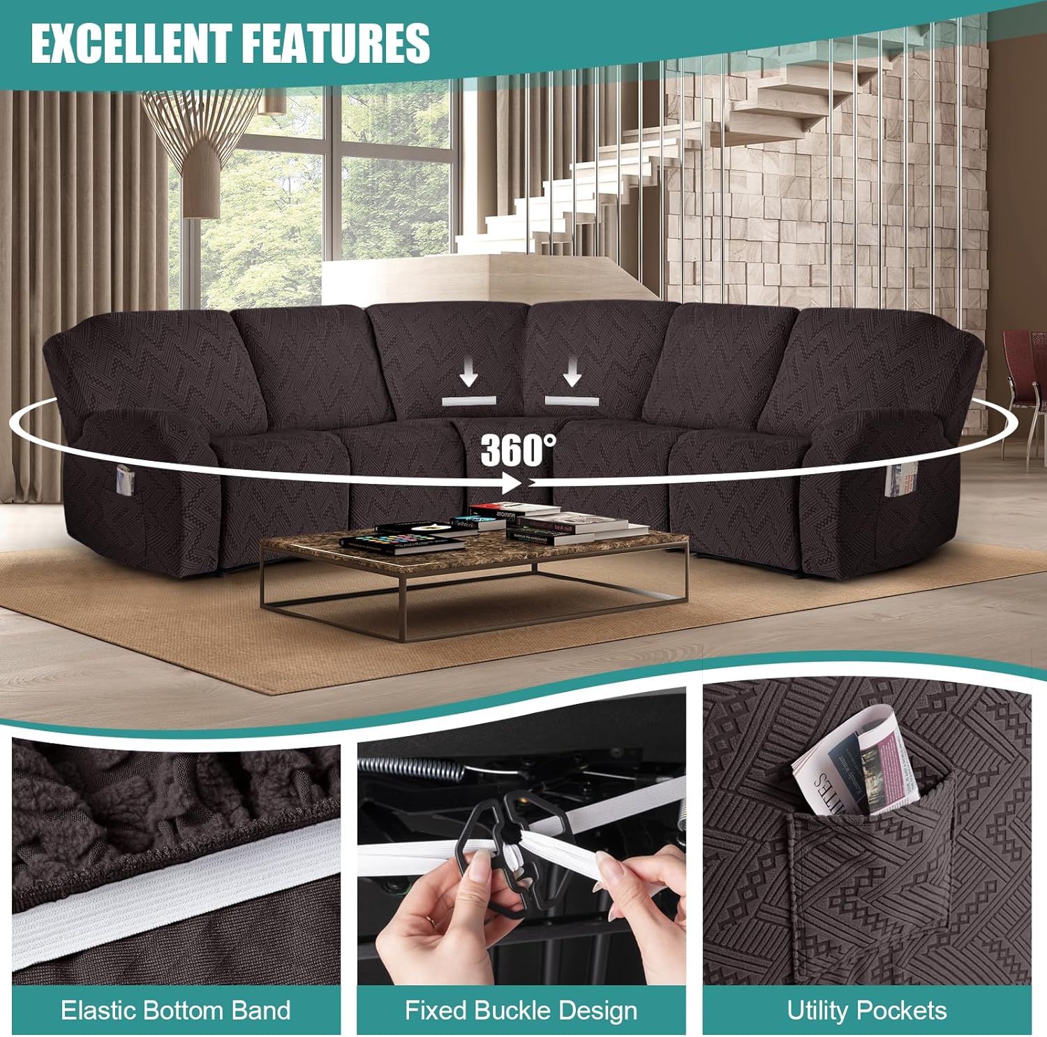 Ruaozz Sectional Sofa Covers Oversized L Shape 5 Seat Recliner Couch Covers - Washable Soft Extra Large Sectional Covers with Pockets (Chocolate)