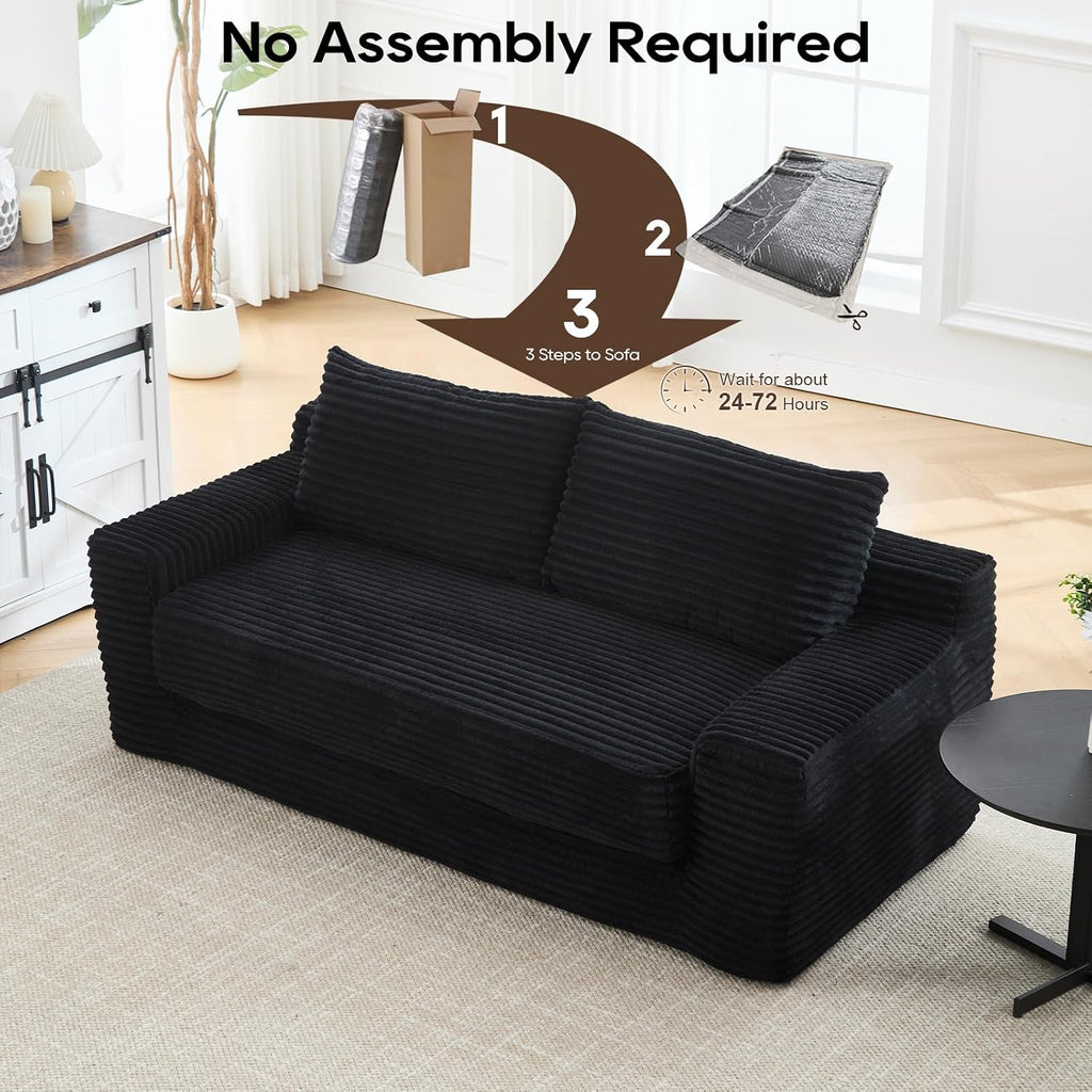 GNIXUU 71' Corduroy Cloud Loveseat Sofa, 2 in 1 Convertible Black Boneless Sleeper Sofa with Fixed-Shape Frame, Comfy Folding Love Seat Couches for Living Room, Apartment, Small Spaces