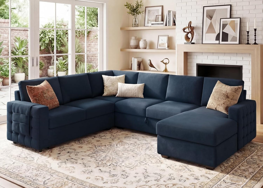 HONBAY Sectional Sleeper Sofa with Pull Out Bed U-Shape Sectional Couch Sleeper Bed with Storage Chaise Lounge Living Room 6 Seater Sectional Sofa,Velvet Dark Blue