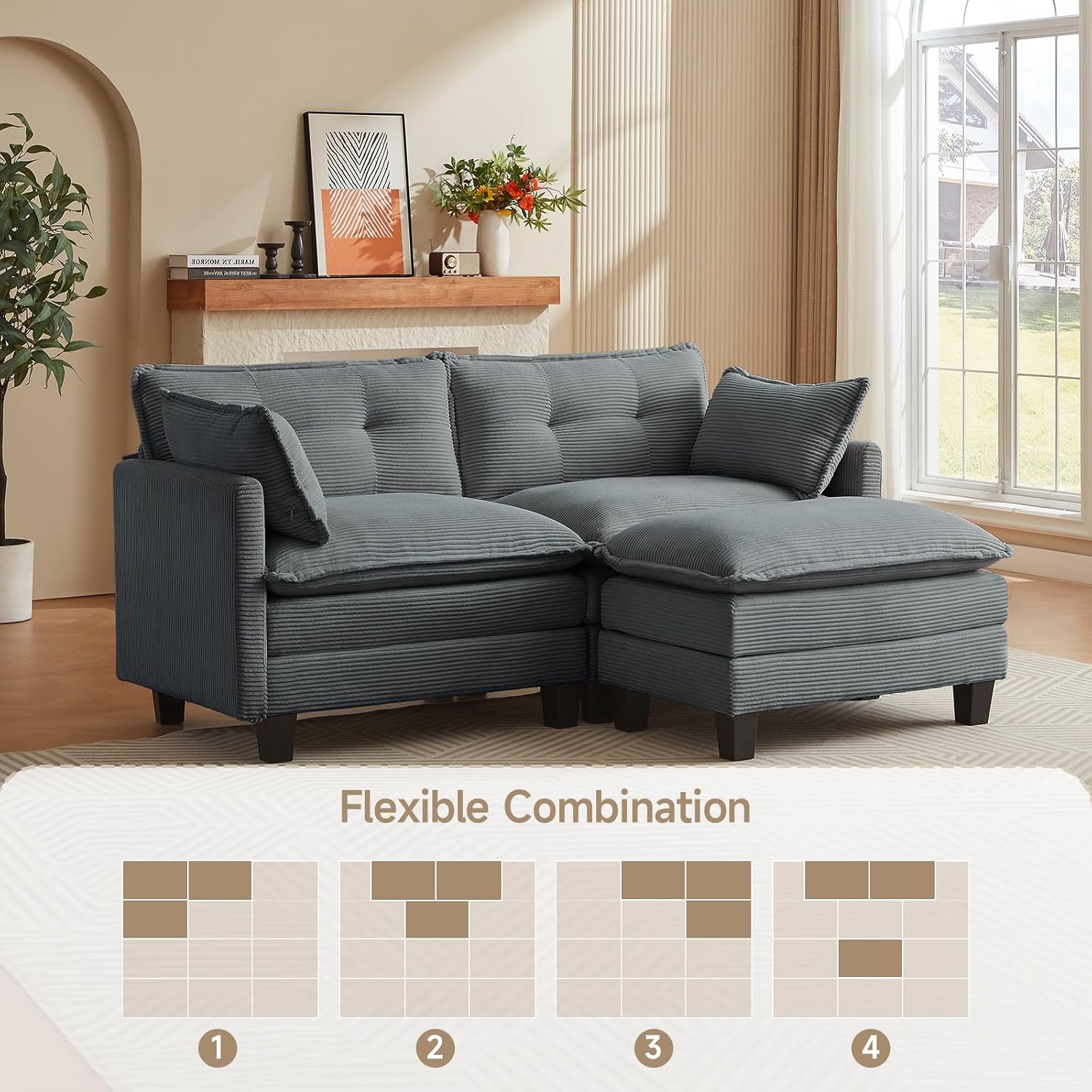 Amsleekey Modular Sectional Sofa, 76.5' L-Shaped Corduroy Comfy Sectional Couches for Living Room, 2-Seater Cloud Couches with 1 Movable Ottoman, Flexible Combination Modern Deep Seat Sofa (Grey)