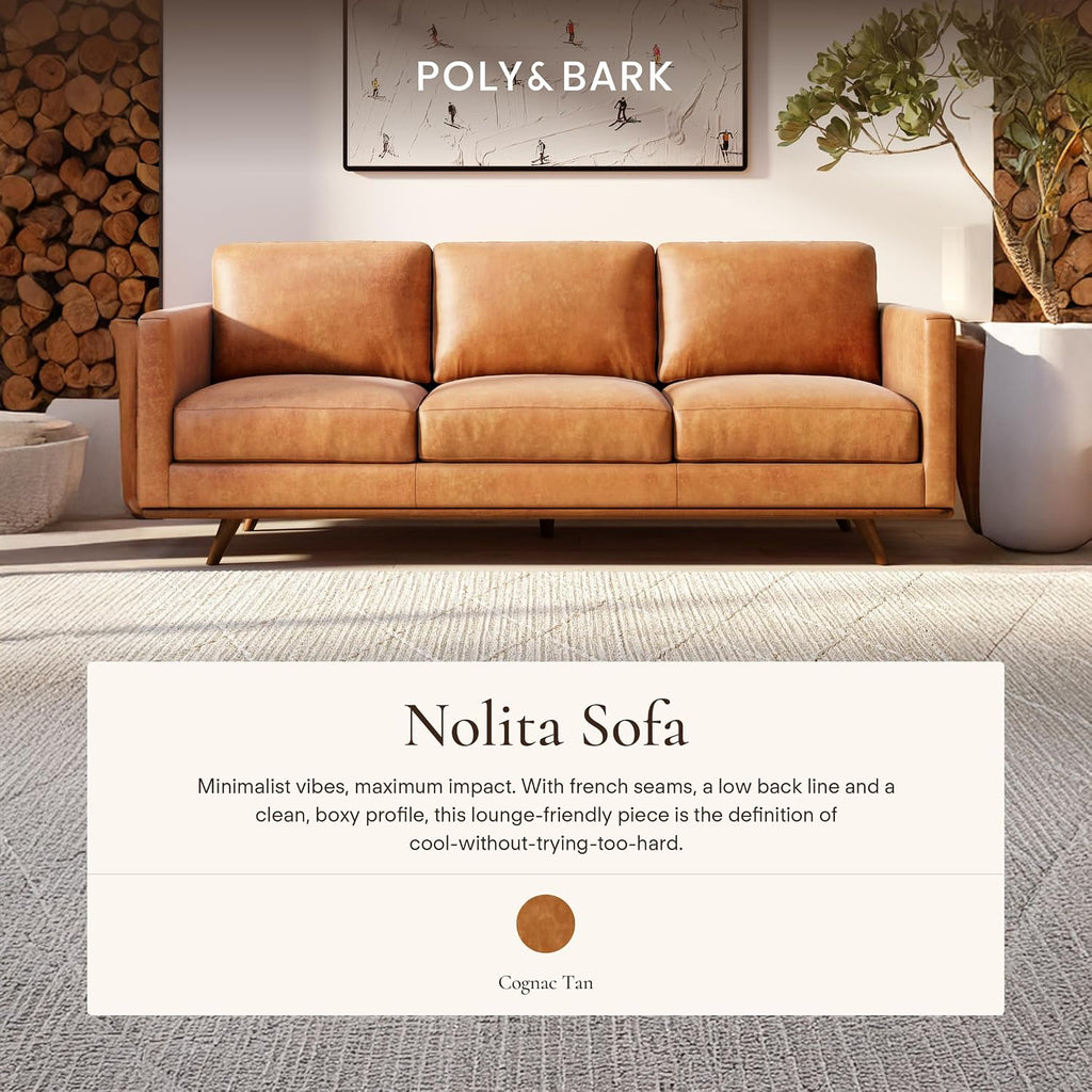 POLY & BARK Nolita 85' Leather Sofa – Full-Grain Italian Aniline Leather, Feather-Down Comfort, Solid Wood Base – Cognac Tan