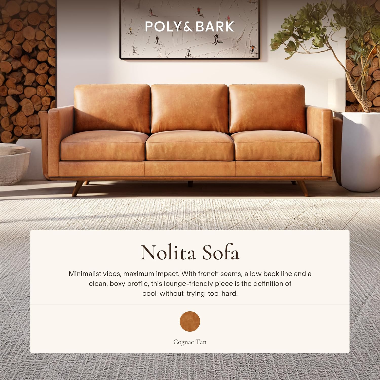 POLY & BARK Nolita 85' Leather Sofa – Full-Grain Italian Aniline Leather, Feather-Down Comfort, Solid Wood Base – Cognac Tan