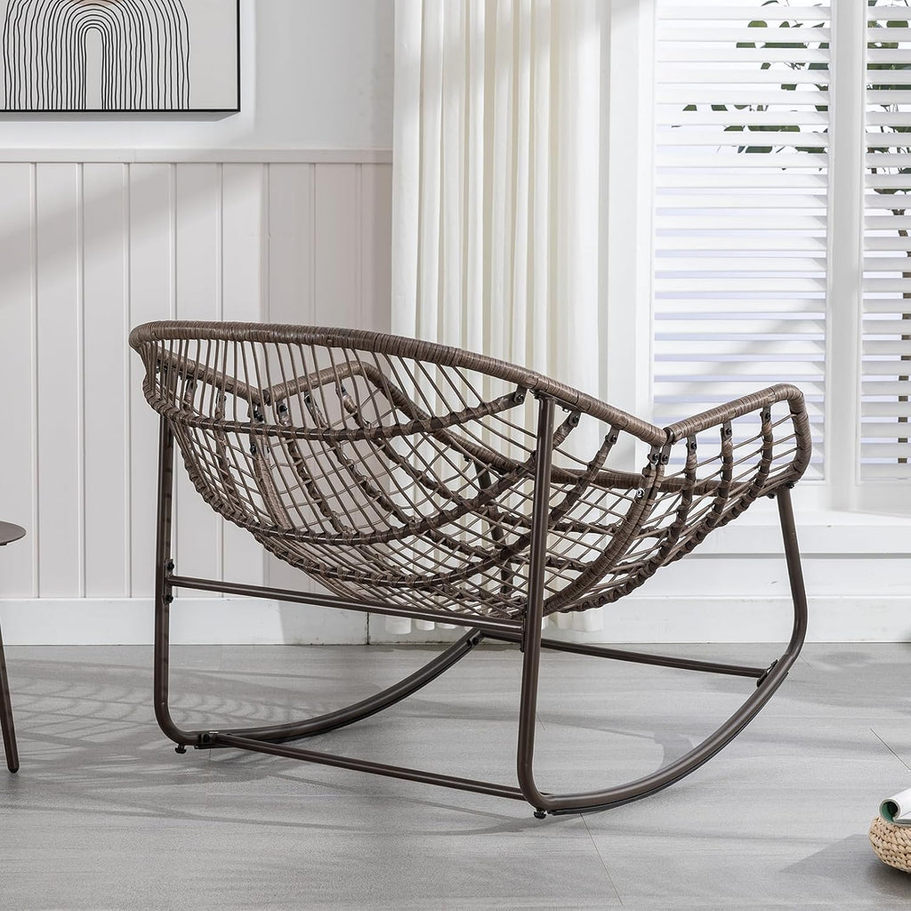 JEEOHEY Papasan Rocking Chairs Outdoor Indoor, Oversized Rattan Rocker Patio Chair with Padded Cushion, Comfy Modern Indoor Egg Chair for Living Room, Bedroom, Porch, Garden, Balcony(Corduroy, Navy)