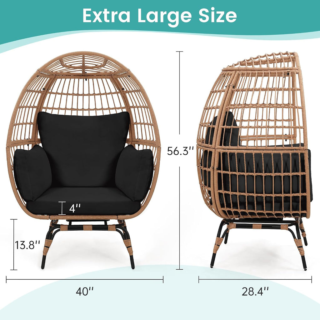 Murago Oversized 360° Swivel Rattan Egg Chair for Adult, Indoor Outdoor Patio Large Wicker Egg Chair with Overstuffed Cushions, 440lb Weight Capacity, Natural Rattan with Black Cushion