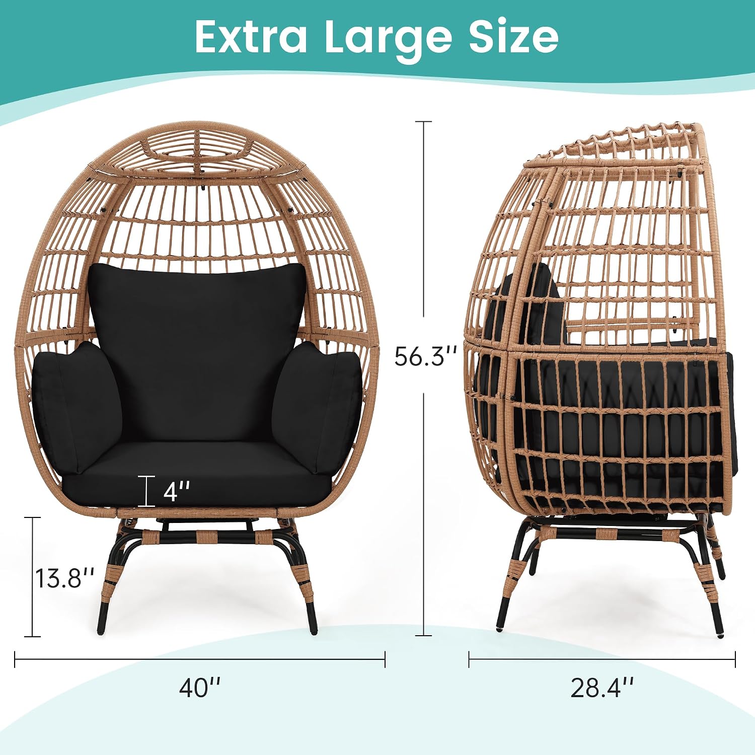 Murago Oversized 360° Swivel Rattan Egg Chair for Adult, Indoor Outdoor Patio Large Wicker Egg Chair with Overstuffed Cushions, 440lb Weight Capacity, Natural Rattan with Black Cushion