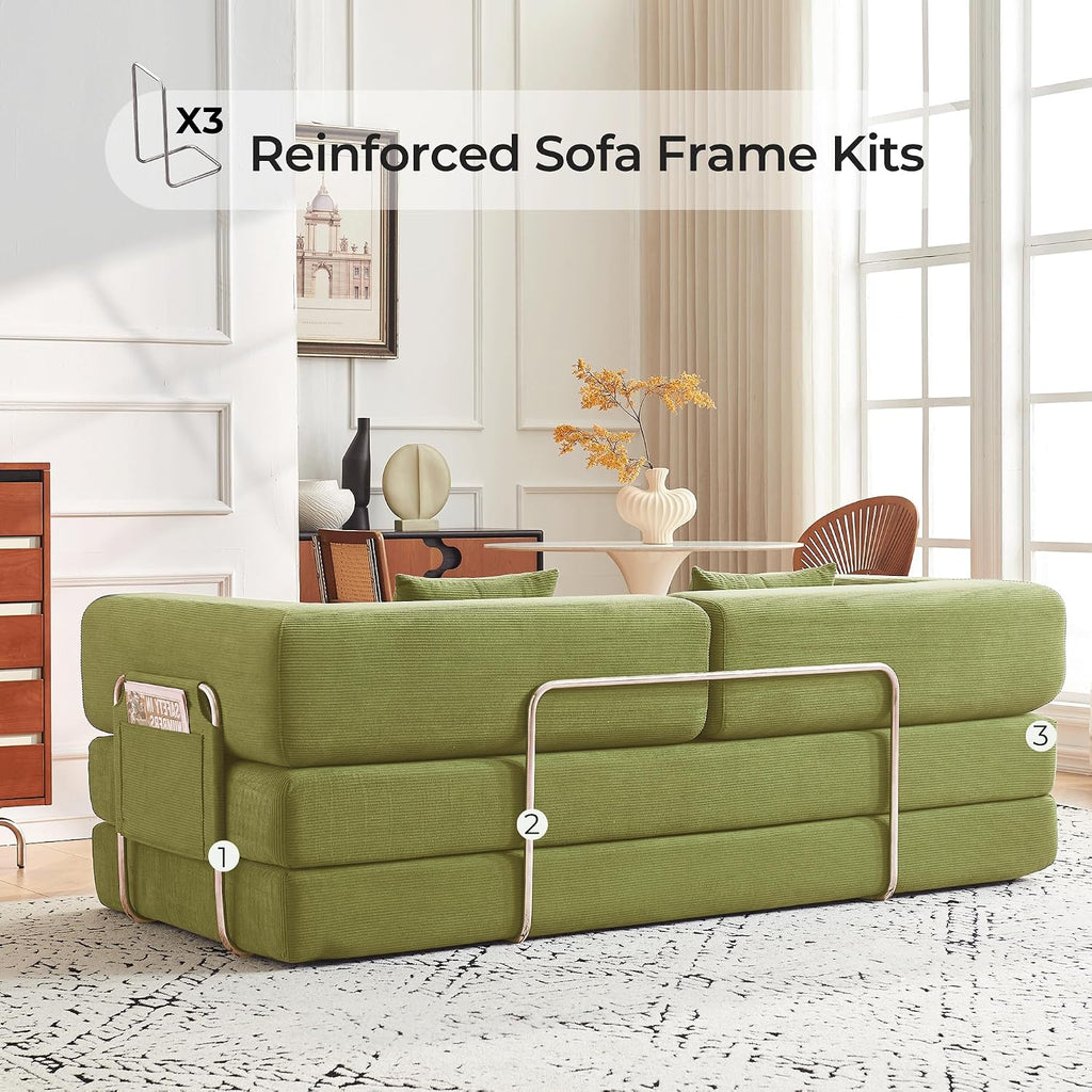 79' Convertible Sofa Bed with Pillows, Corduroy Folding Sleeper Sofa with Fixed-Shape Frame, Boneless Couch for Living Room Bedroom, Floor Sofa Lounge No Assembly Required (A - Style - Olive Green)