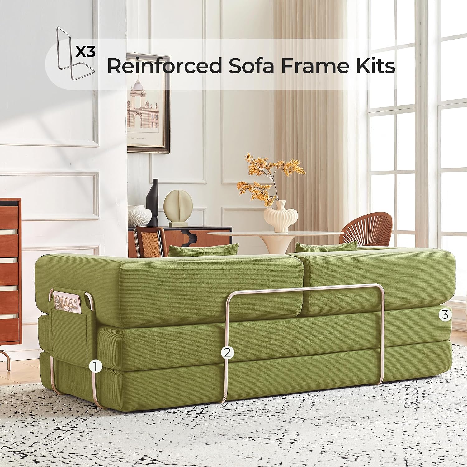 79' Convertible Sofa Bed with Pillows, Corduroy Folding Sleeper Sofa with Fixed-Shape Frame, Boneless Couch for Living Room Bedroom, Floor Sofa Lounge No Assembly Required (A - Style - Olive Green)