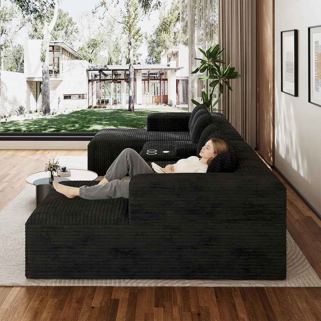 143' Oversized U Shaped Cloud Sectional Couches for Living Room, Comfy Fluffy Corduroy Black Boneless Couch, Large Modular Sectional Sofa Set with Chaise, Cup Holder, USB Port, Storage Console