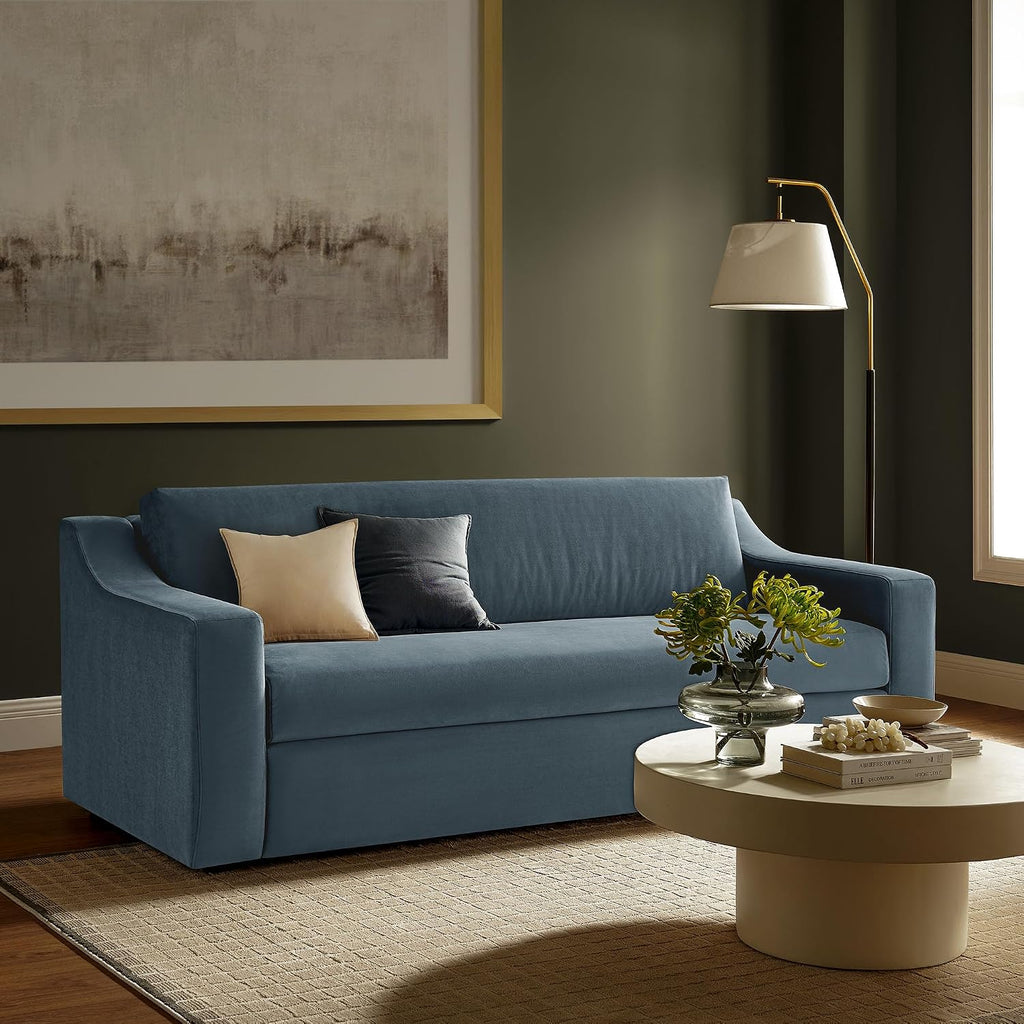 Modway Liora 87 Inch Stain-Resistant Performance Velvet Sofa in Cadet Blue - 3 Seater Upholstered Sofa Couch for Living Room Seating - Comfy Deep Seat Sofa with Scoop Arms