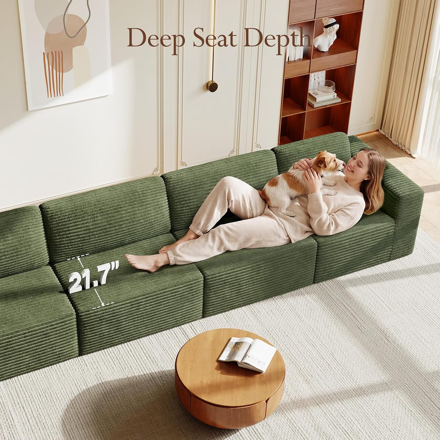 Vesgantti 159' Modular Sectional Sofa, Corduroy Cloud Couch with Extra Deep Seats & Spring Support, Flexible Layout 4-Seater Boneless Couch, No Assembly Required, Green