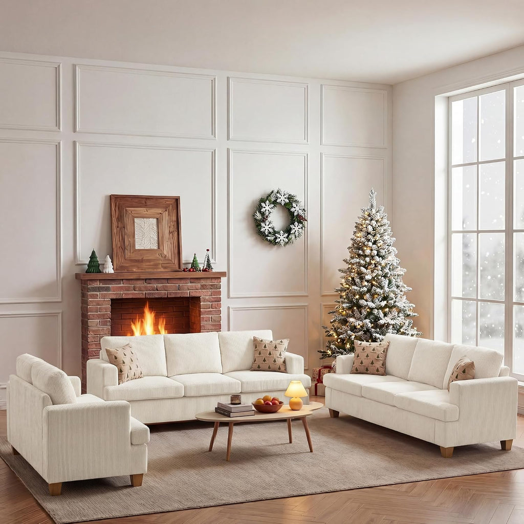 Apicizon 3 Piece Sofa Set 89'' 3-Seat Couch Sofa with Loveseat, Set of 3 Corduroy Couches for Living Room, Modern Lounge Sofa Couches for Apartment Lounge, White Corduroy Living Room Set